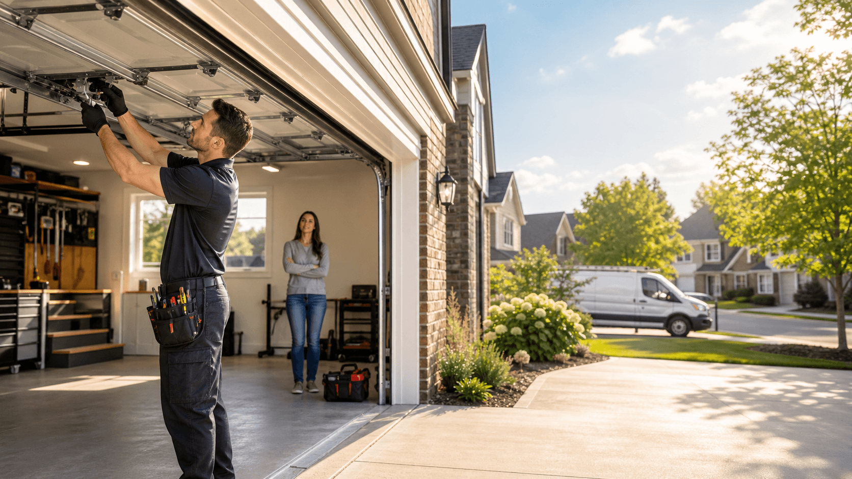 Garage door technician servicing a residential door in bright daylight